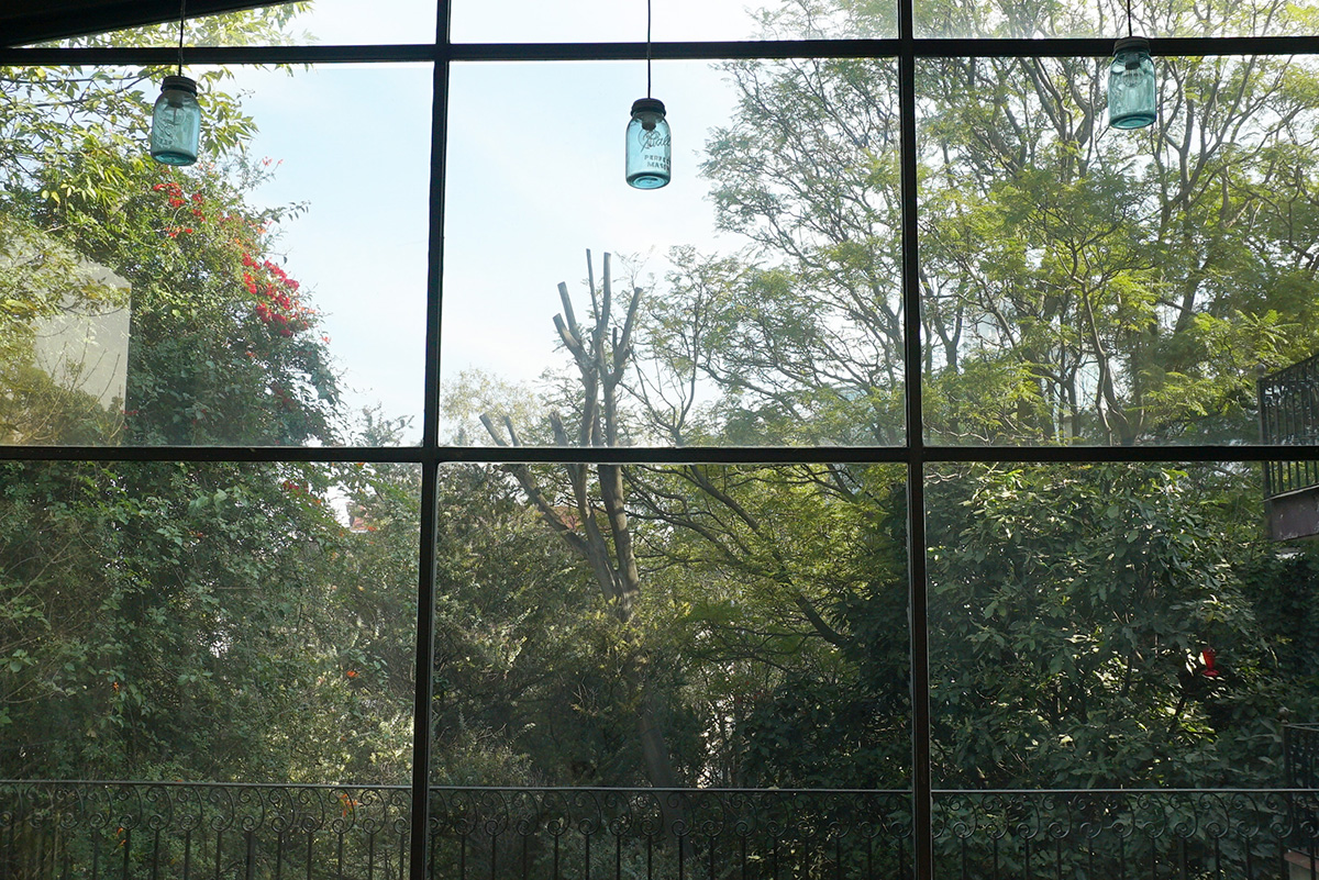 Ventanas panorámicas con árboles y lámparas de frasco en Centro Kanda CDMX